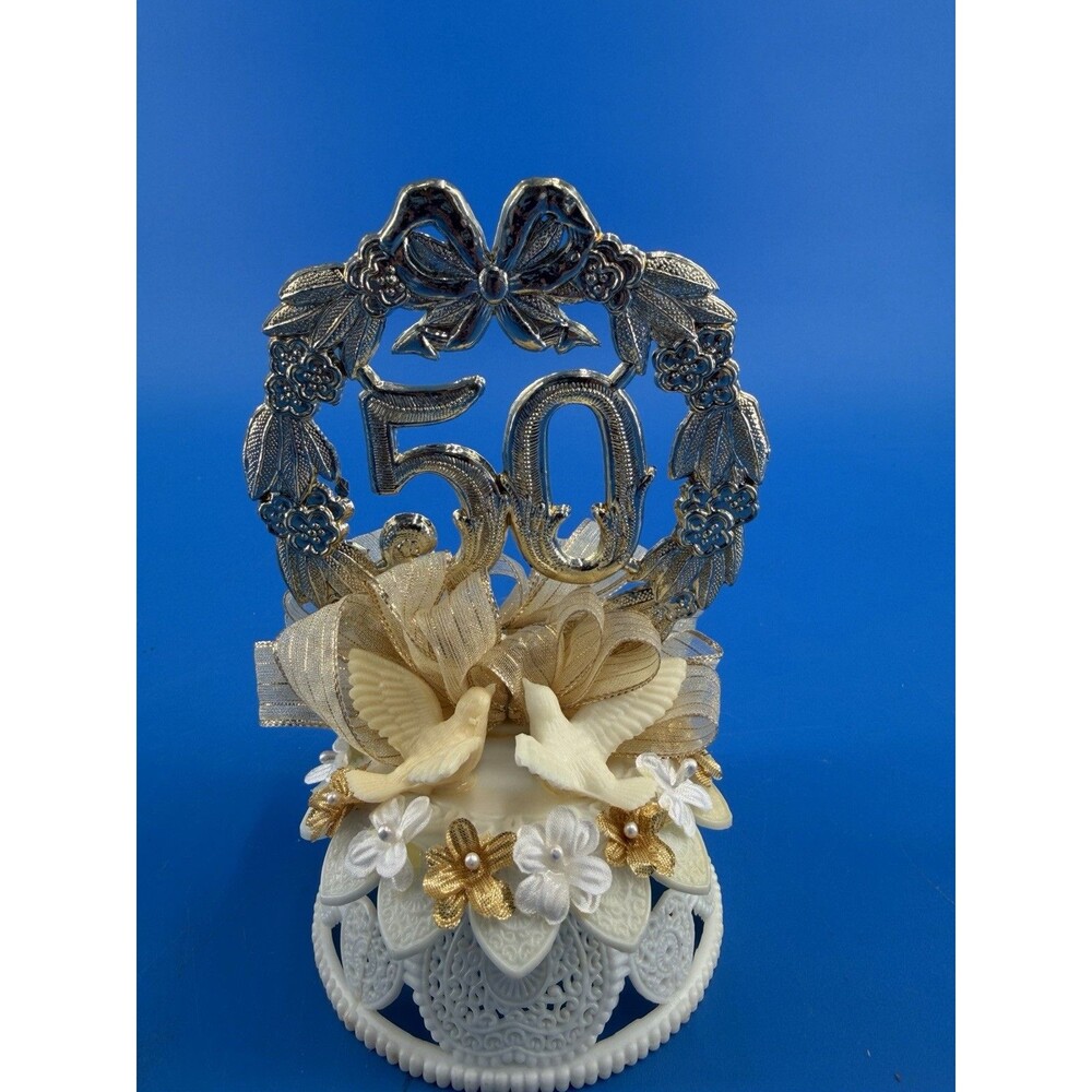 Vintage Golden 50th Anniversary Cake Topper Doves Floral Ribbons Plastic